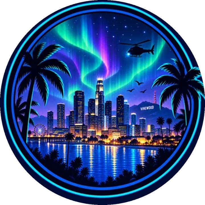 Emblema de Aurora Roleplay: la ciudad de noche bajo una aurora boreal